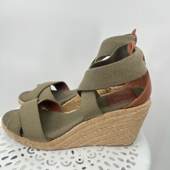 Tory Burch olive green wedge cross strap open toe espadrille sandals - Picture 3 of 8